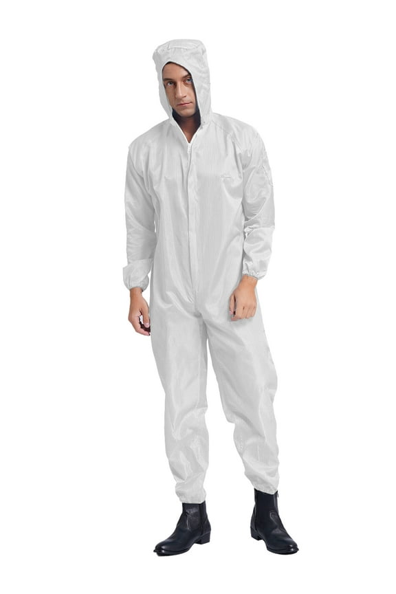 Men's Anti-static Coverall Suit with Zip Front Opening Reusable Workwear Full Body Suits White XL