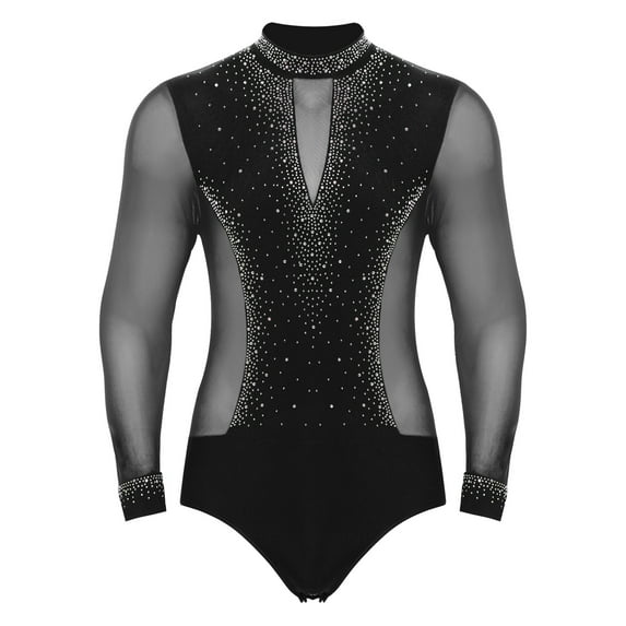 renvena Men's Long Sleeve Latin Dance Leotard Shirt Sparkling Salsa Samba Latin Jazz Dancewear Black XL