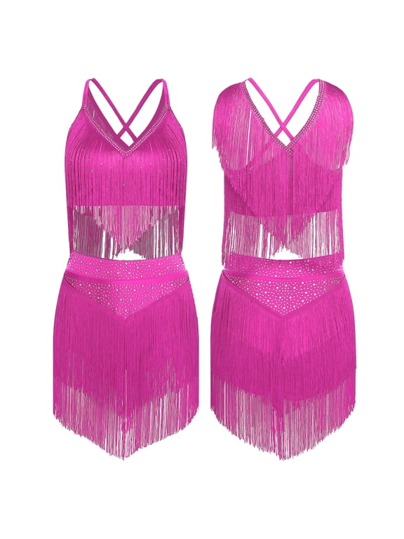 Women 2 Piece Set Lyrical Dance Costumes Sleeveless Crop Top + Tassels Skirt Salsa Latin Dance Dress Hot Pink S