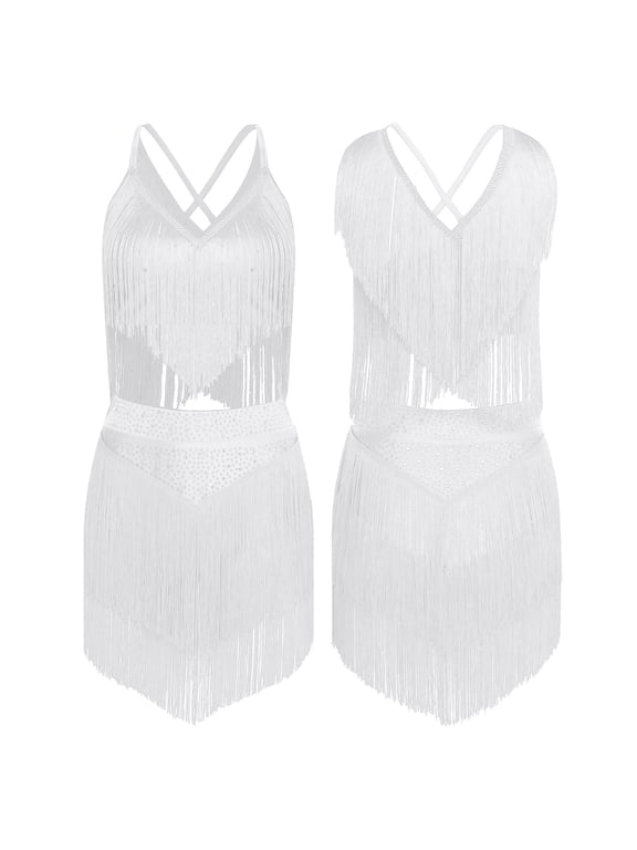 Women 2 Piece Set Lyrical Dance Costumes Sleeveless Crop Top + Tassels Skirt Salsa Latin Dance Dress White S