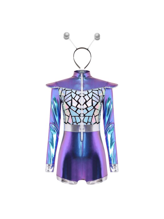 Women 2pcs Set Alien Cosplay Long Sleeve Bodysuits with Headwear Halloween Cosplay Party Blue S