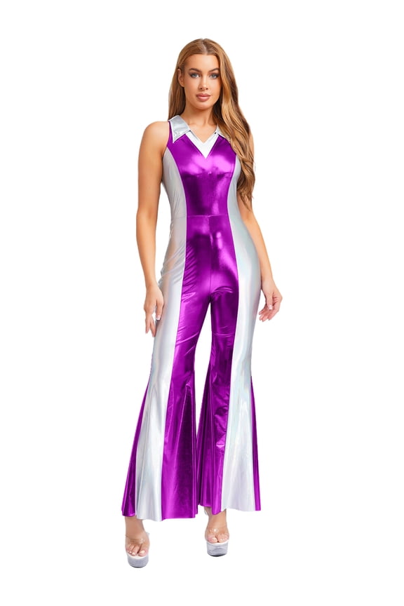 Women 70s Outfits Shiny Disco Prom Jumpsuit Music Festival Raves Party Hippie Costume Flared Long Pants Rompers Purple XL
