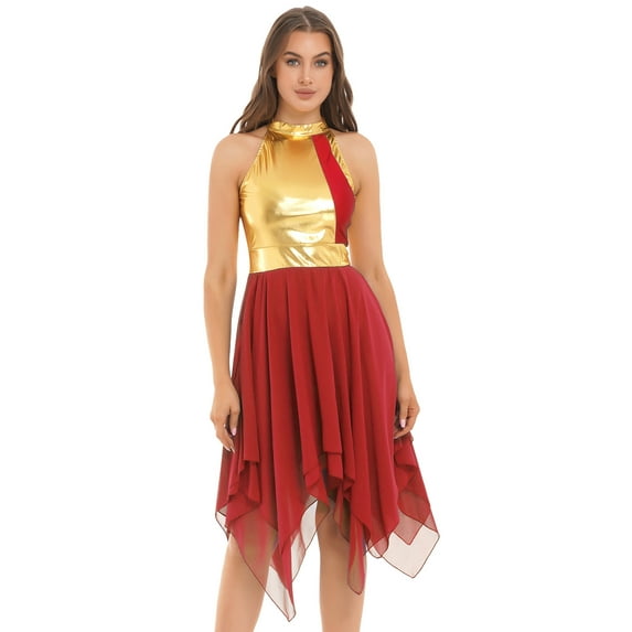 renvena Women Asymmetrical Metallic Color Block Tunic Dress Lyrical Dance Costume Praise Liturgical Dance Dress