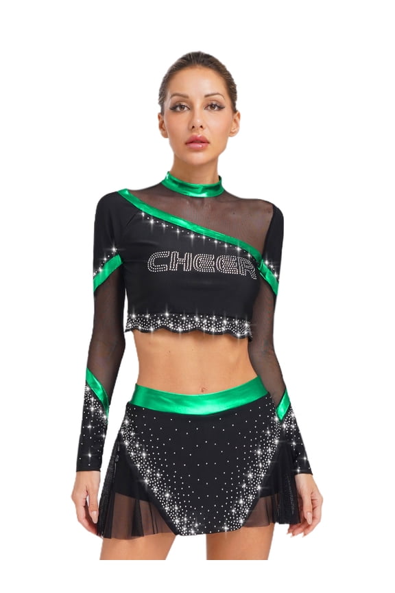 Women Girls Cheerleading Uniform Crop Top Skirt Set for Rave Dance Festival Cosplay Green XL
