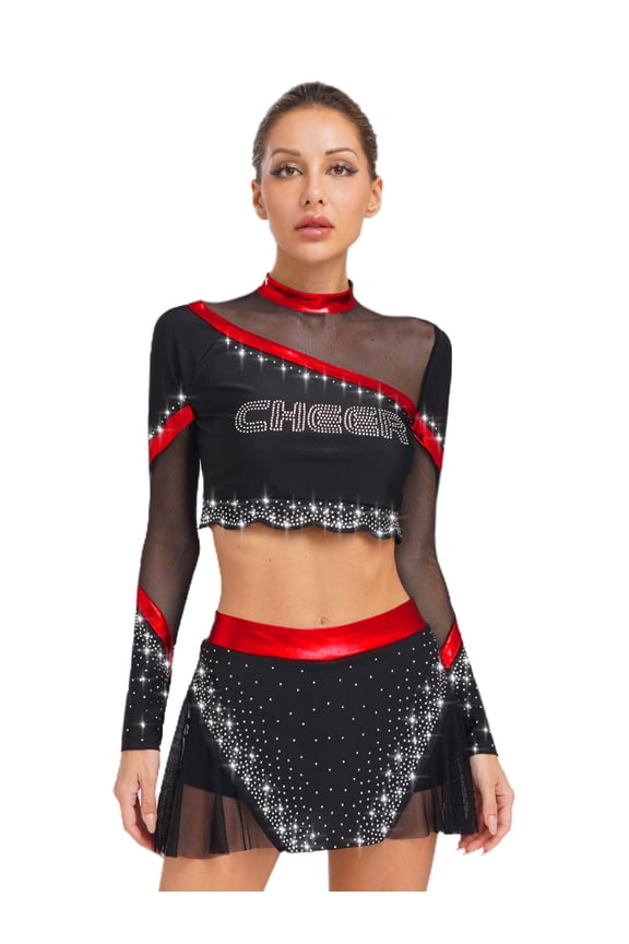 Women Girls Cheerleading Uniform Crop Top Skirt Set for Rave Dance Festival Cosplay Red S