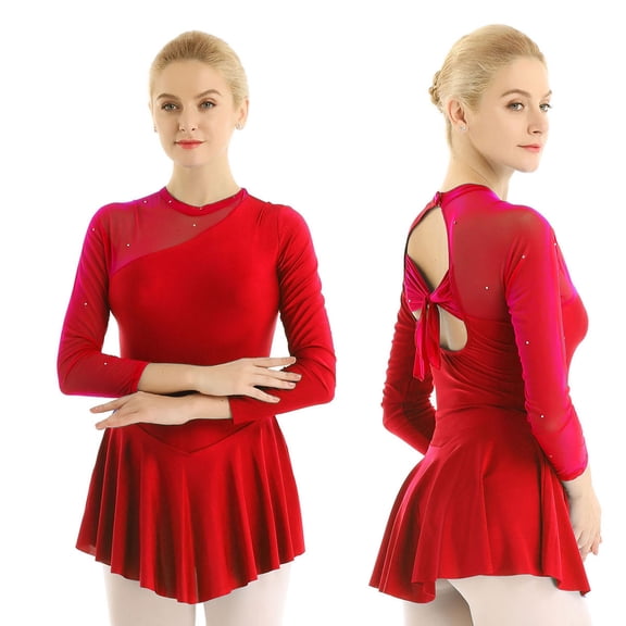 renvena Women Girls Figure Ice Skating Dress Long Sleeve Skirted Leotard Competition Costumes