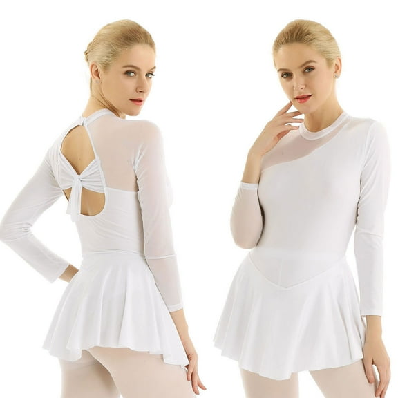 renvena Women Girls Figure Ice Skating Dress Long Sleeve Skirted Leotard Competition Costumes