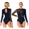 thumbnail image 1 of renvena Women Girls Gymnastics Leotards Ballet Dance Leotard Turtleneck Long Sleeve Bodysuit A Navy Blue M, 1 of 7