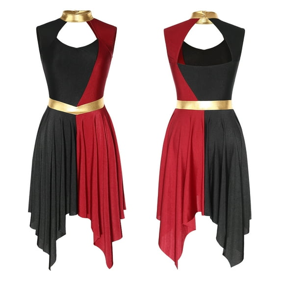 renvena Women Liturgical Praise Dance Worship Dress Color Block Tunic Irregular Hem Church Dancewear A Black&Burgundy XL
