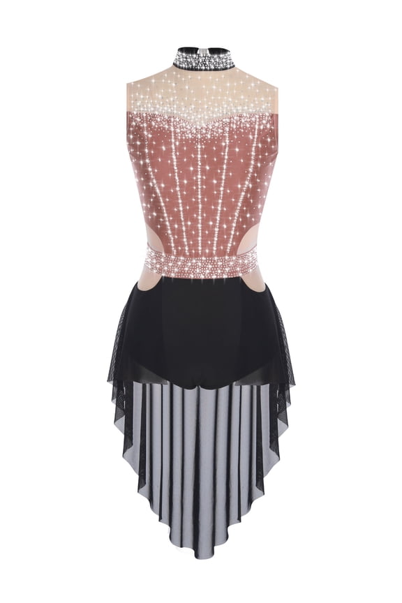 Women Rhinestones Color Block High Low Flowy Mesh Skirt Contemporary Dance Costume Dusty Pink XL