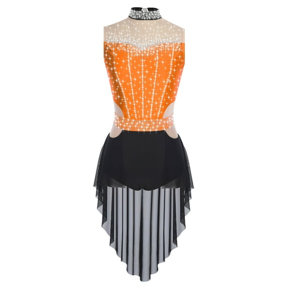 renvena Women Rhinestones Color Block High Low Flowy Mesh Skirt Contemporary Dance Costume Orange XL