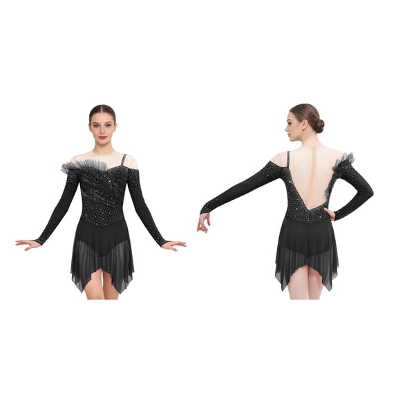 renvena Women Ruched Detail Lyrical Dress Irregular Mesh Hem Ballet Tulle Skirt Leotard Figure Skating Dress Black S