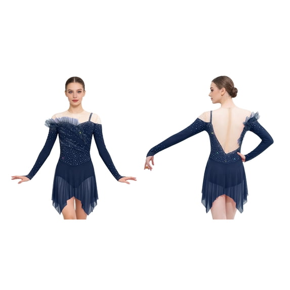 renvena Women Ruched Detail Lyrical Dress Irregular Mesh Hem Ballet Tulle Skirt Leotard Figure Skating Dress Navy Blue S