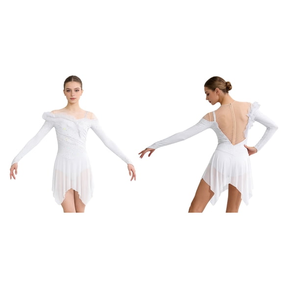 renvena Women Ruched Detail Lyrical Dress Irregular Mesh Hem Ballet Tulle Skirt Leotard Figure Skating Dress White S