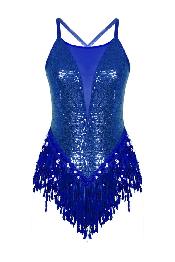 Women Sequin Mesh Patchwork Camisole Ballet Leotard Crisscross Back Tassel Dancewear