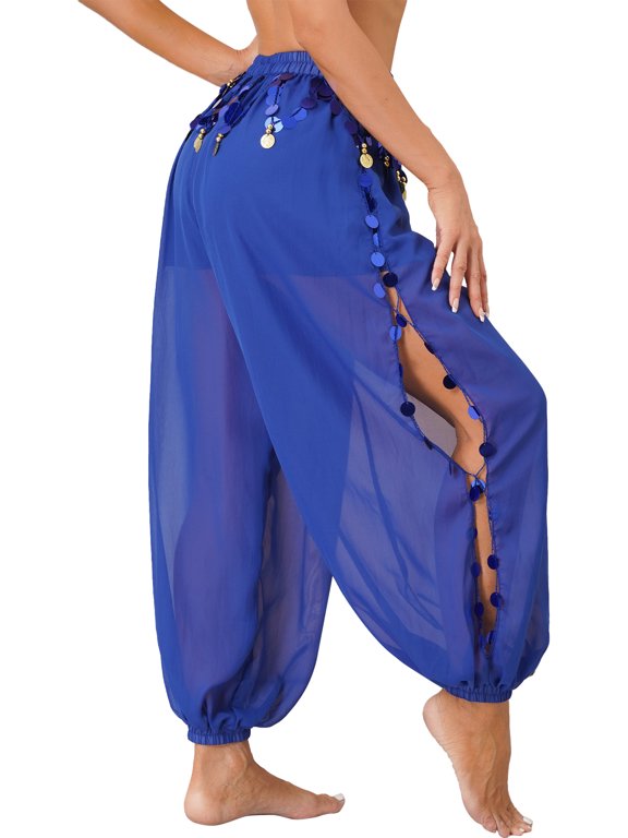 Women Sequins Belly Dance Costumes India Arabian Stage Harem Pants Trousers Royal Blue One Size