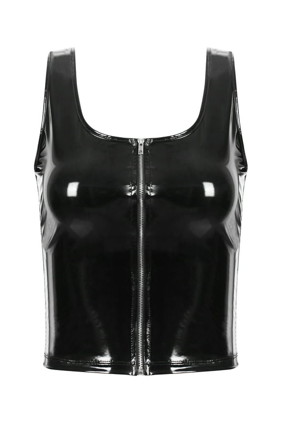 Women Wetlook Skinny Crop Top Patent Leather U Neck Sleeveless Zipper Vest A Black S