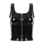 renvena Women Wetlook Skinny Crop Top Patent Leather U Neck Sleeveless Zipper Vest A Black XXL
