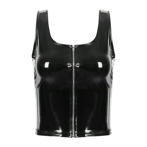 renvena Women Wetlook Skinny Crop Top Patent Leather U Neck Sleeveless Zipper Vest A Black XXL