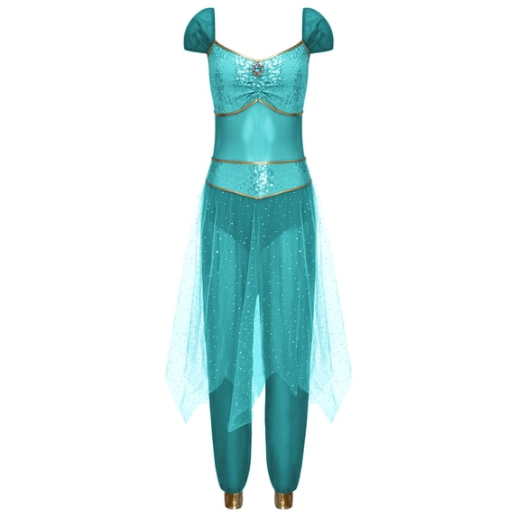 renvena Women's Arabian Princess Shiny Sequin Belly Dance Halloween with Tulle Jumpsuits Turquoise XL