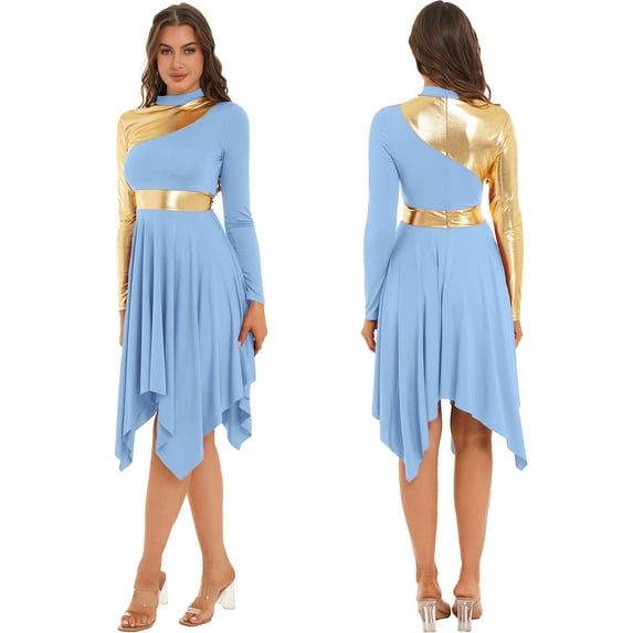 renvena Women's Color Block Metallic Long Sleeve Liturgical Praise Dance Light Blue S