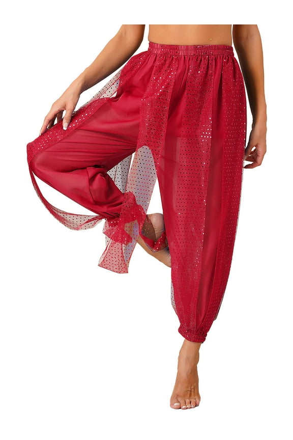 Women's Dance Trousers Harem Pants Sequined Dots Chiffon Bloomer Arabic Belly Dancewear Red One Size