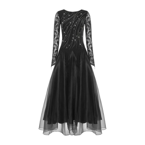 renvena Women's Glittery Rhinestone Ballroom Dance Long Sleeve Modern Waltz Maxi Dress Black XXL