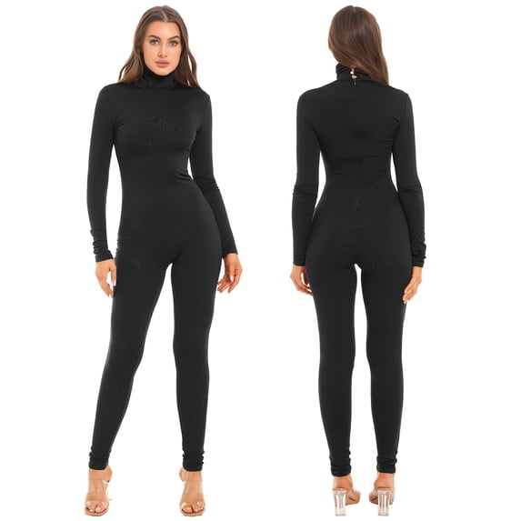 renvena Women's High Neck One Piece Unitard Bodysuit Long Sleeves Turtleneck Full Jumpsuit Leotard Black S