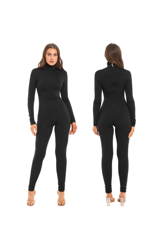 Women's High Neck One Piece Unitard Bodysuit Long Sleeves Turtleneck Full Jumpsuit Leotard Black XL