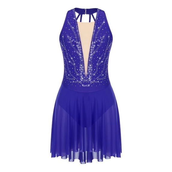renvena Women's Lyrical Mesh Figure Ice Skating Dresses Backless Ballet Dance A Royal Blue M
