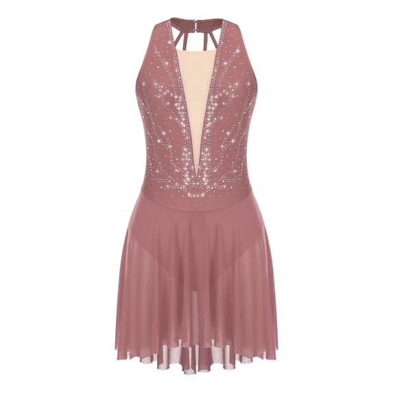 renvena Women's Lyrical Mesh Figure Ice Skating Dresses Backless Ballet Dance Dusty Pink M