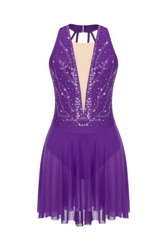 Women's Lyrical Mesh Figure Ice Skating Dresses Backless Ballet Dance Purple S