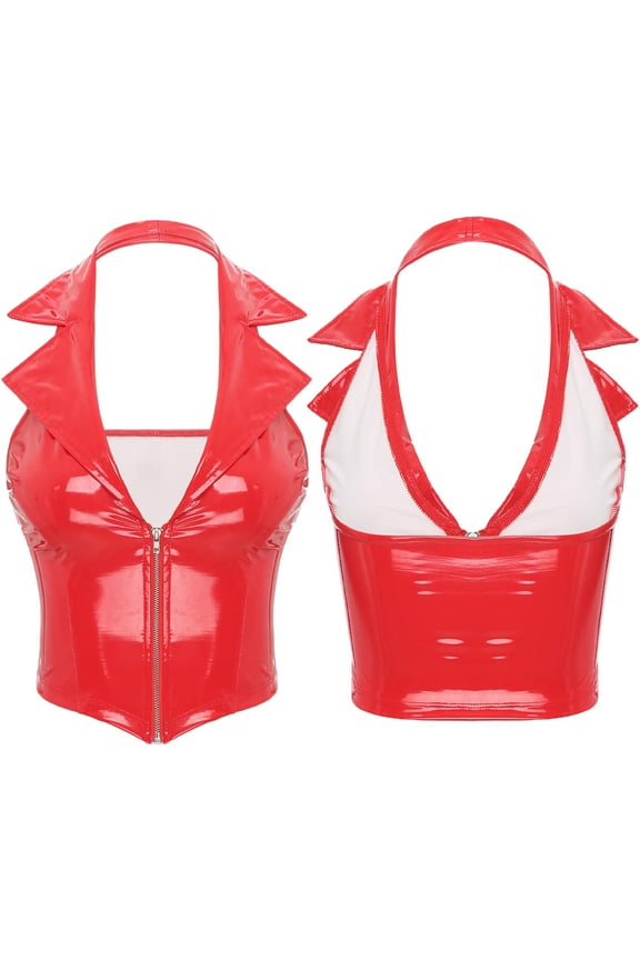 Women's PU Leather Halter Notch Lapel Vest Deep V Neck Front Zipper Waistcoat Clubwear Red 4XL