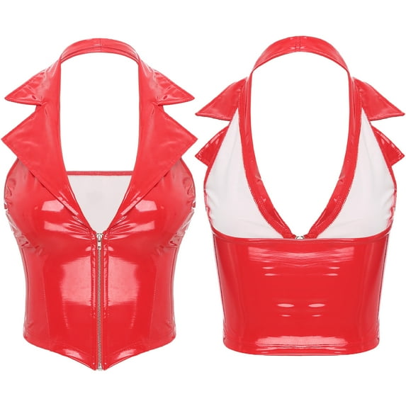 renvena Women's PU Leather Halter Notch Lapel Vest Deep V Neck Front Zipper Waistcoat Clubwear Red XXL