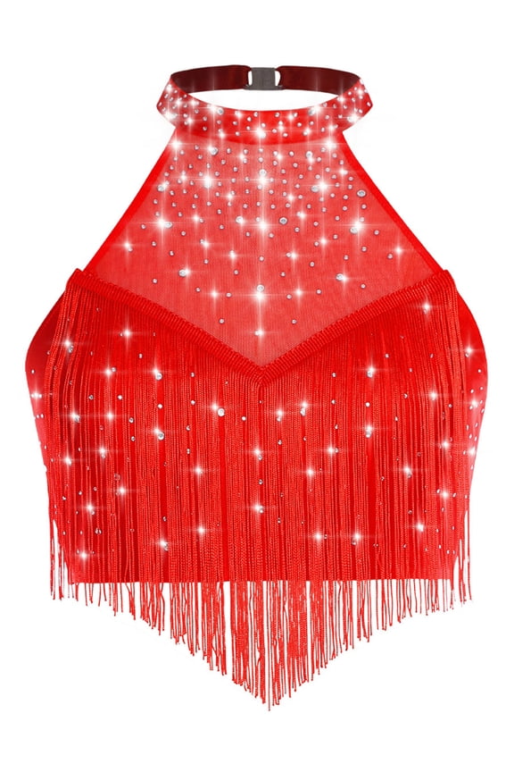 Women's Sparkly Lyrical Halter Fringe Modern Contemporary Belly Dance Blouse Top Red L