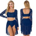 thumbnail image 1 of renvena Women's Two-Piece Dance Dress Outfit Long Sleeve Crop Top with Skirt Lyrical Dance Costume Dark_Blue XL, 1 of 7