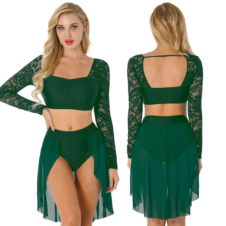renvena Women's Two-Piece Dance Dress Outfit Long Sleeve Crop Top with  Skirt Lyrical Dance Costume Green L