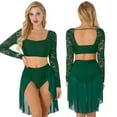 thumbnail image 1 of renvena Women's Two-Piece Dance Dress Outfit Long Sleeve Crop Top with Skirt Lyrical Dance Costume Green S, 1 of 7