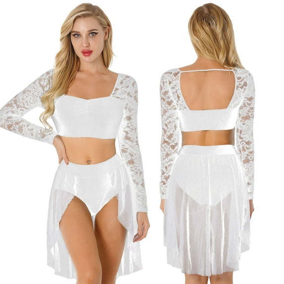 renvena Women's Two-Piece Dance Dress Outfit Long Sleeve Crop Top with Skirt Lyrical Dance Costume White M