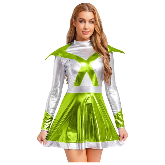 renvena Womens Alien Astronaut Cosplay Dress Long Sleeve Shiny Metallic Halloween Party Rave Green S