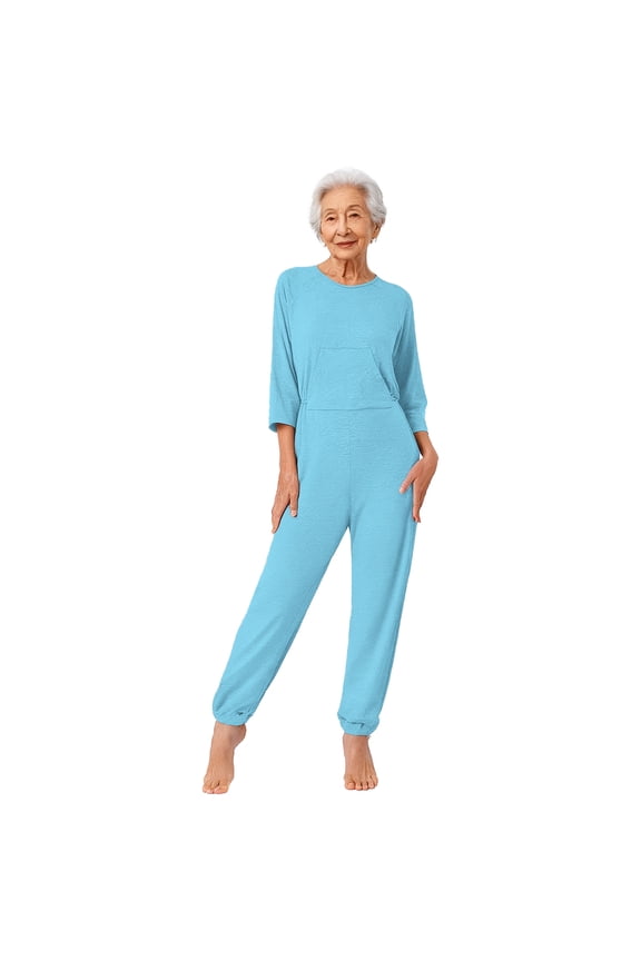 Womens Elderly Adaptive Anti-Strip Jumpsuit Loose Fit Nursing Rompers for Dementia Special Needs and Disabilities Light Blue S
