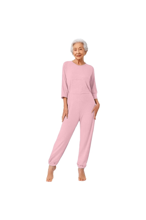 Womens Elderly Adaptive Anti-Strip Jumpsuit Loose Fit Nursing Rompers for Dementia Special Needs and Disabilities Pink S