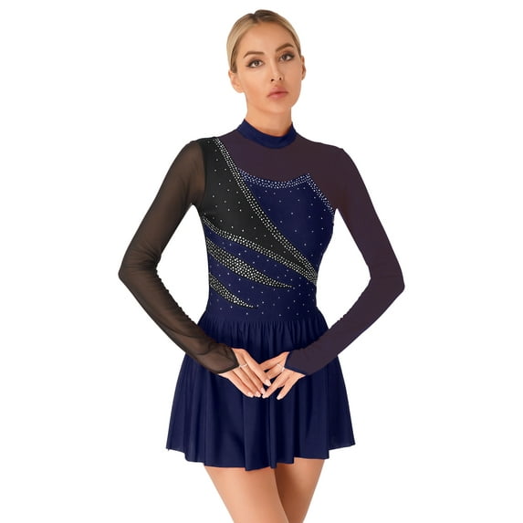 renvena Womens Figure Skating Dress Shiny Rhinestone Gymnastics Leotard Lyrical Dance Costume A Navy Blue XXL