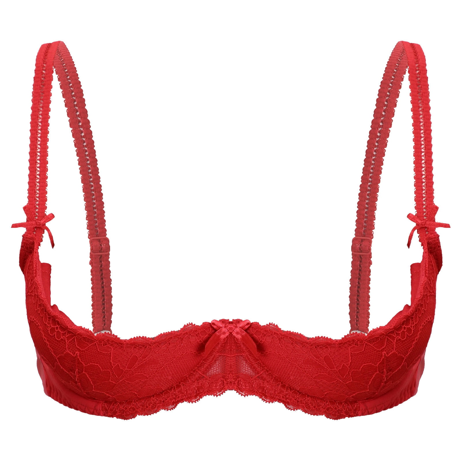 renvena Womens Lace Bra Half Cup Open Bra Underwired Bra Nightclub Open  Nipple Bra Underwear Red L