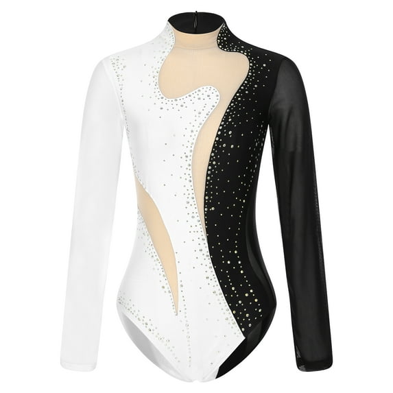 renvena Womens Sheer Mesh Long Sleeve Bodysuit Sequined Mock Neck Tassel Leotards Dancewear