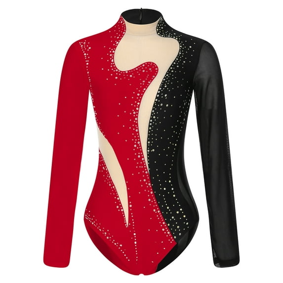 renvena Womens Sheer Mesh Long Sleeve Bodysuit Sequined Mock Neck Tassel Leotards Dancewear