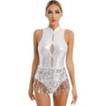 thumbnail image 1 of renvena Womens Sleeveless Sequin Fringe Ballet Dance Leotard Backless One Piece Gymnastics Bodysuits White L, 1 of 7