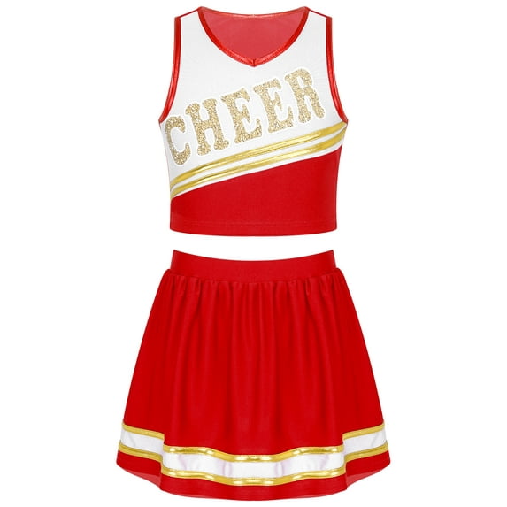 renvena Youth Girls Cheerleading PerformanceDancewear Cheer Sequins Printed Crop Top with Mini Skirt Cheer leader Uniform A Red 14