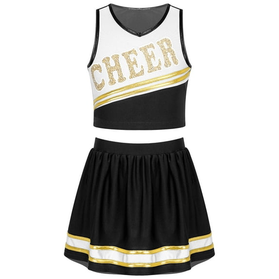renvena Youth Girls Cheerleading PerformanceDancewear Cheer Sequins Printed Crop Top with Mini Skirt Cheer leader Uniform Black 16