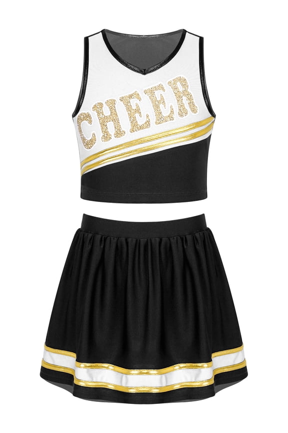 Youth Girls Cheerleading PerformanceDancewear Cheer Sequins Printed Crop Top with Mini Skirt Cheer leader Uniform Black 6